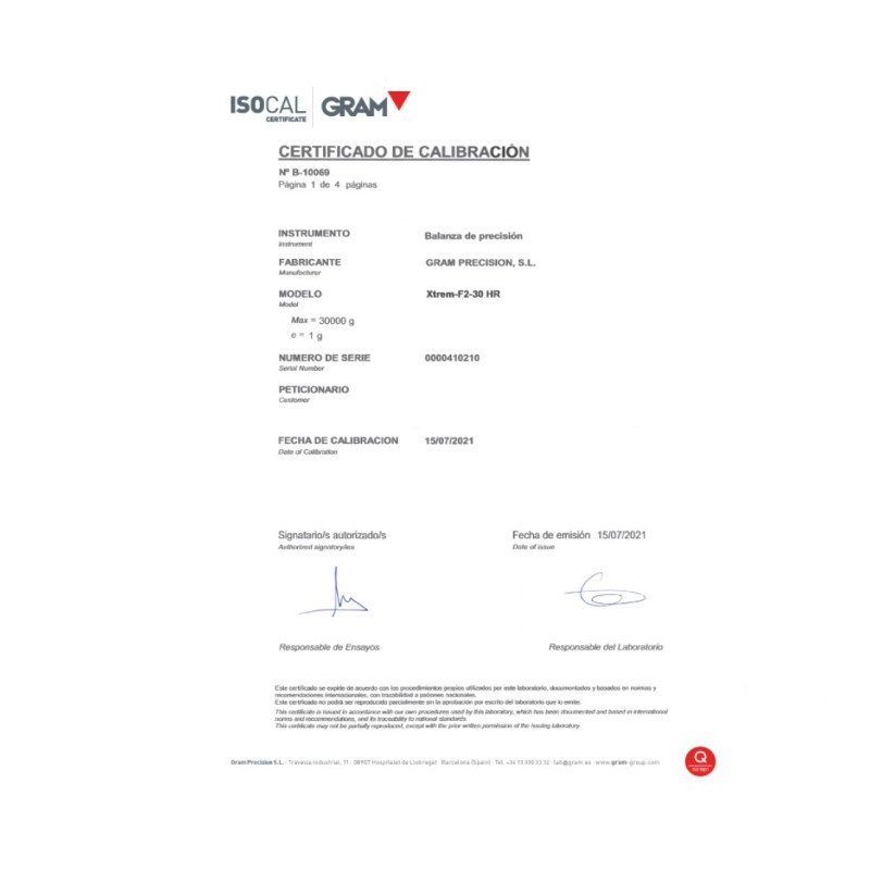 Certificado masas ISOCAL Clase F hasta 2 kg de Gram