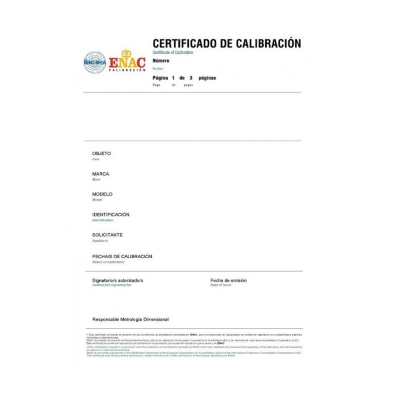 Certificado oficial masas ENAC pesas F hasta 2 kg de Gram